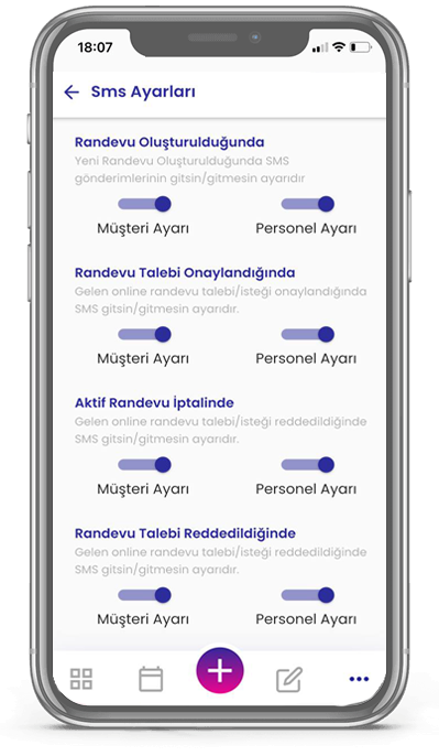 SMS ayarlarını gösteren Salon Randevu mobil uygulama ekran görüntüsü.